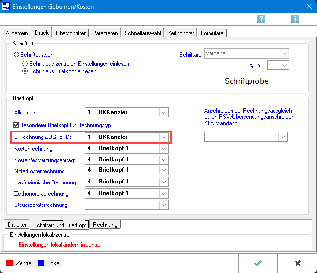 E-Rechnung Einstellung Gebühren