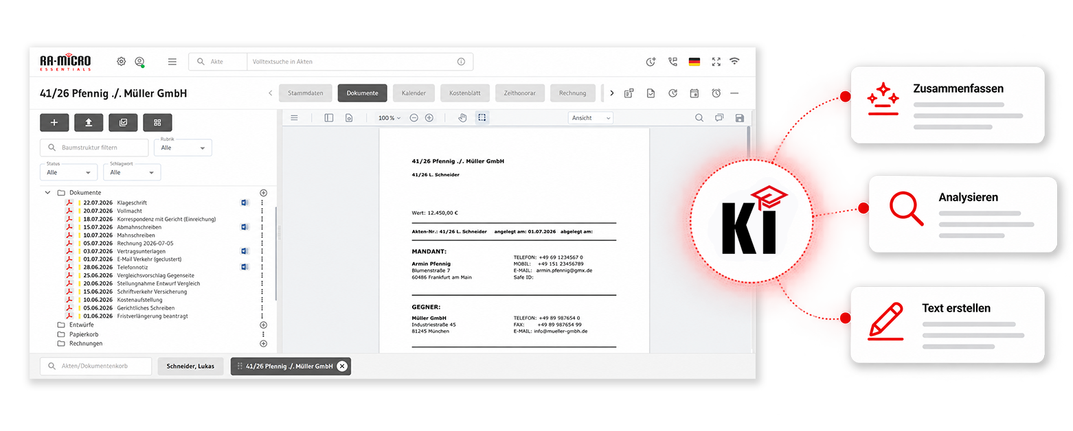Große Ansicht: RA-MICRO E-Akte 2 mit KI: Zusammenfassen, Analyisieren, Text erstelen