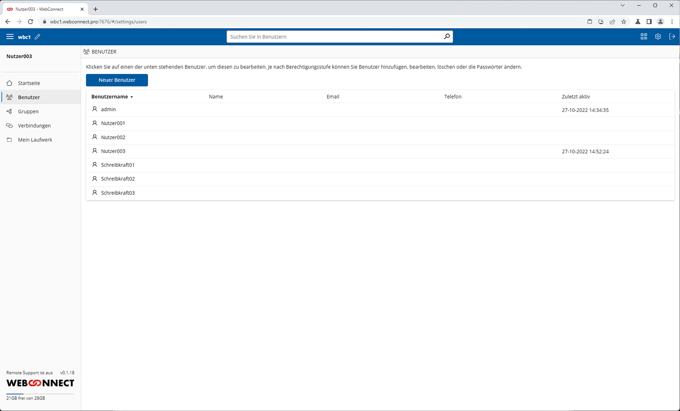WebConnect Benutzerverwaltung