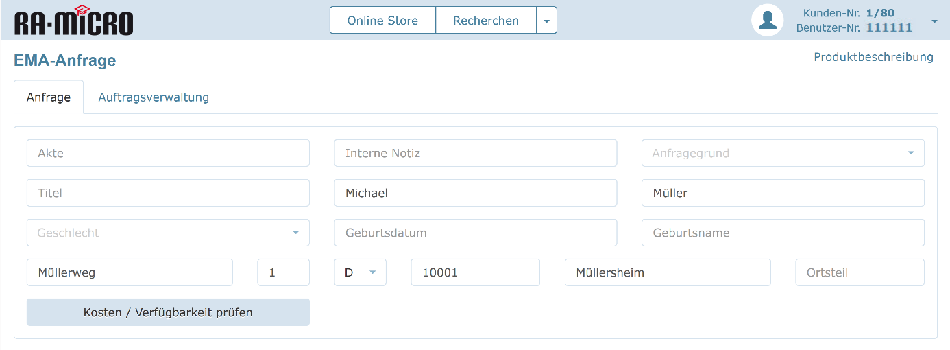 Screenshot EMA-Anfrage bei RA-MICRO Online