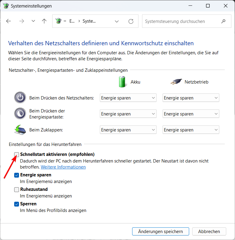 Windows Schnellstart deaktivieren
