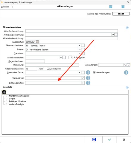 Im Dialogfenster "Akte anlegen" können Exklusivbenutzer eingetragen werden RA-MICRO Exklusivbenutzer für eine Akte eintragen