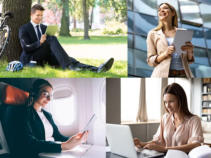 Ein Bild von Anwälten, die mit Tablet und Laptop an verschiedenen Orten RA-MICRO Essentials Kanzleisoftware nutzen