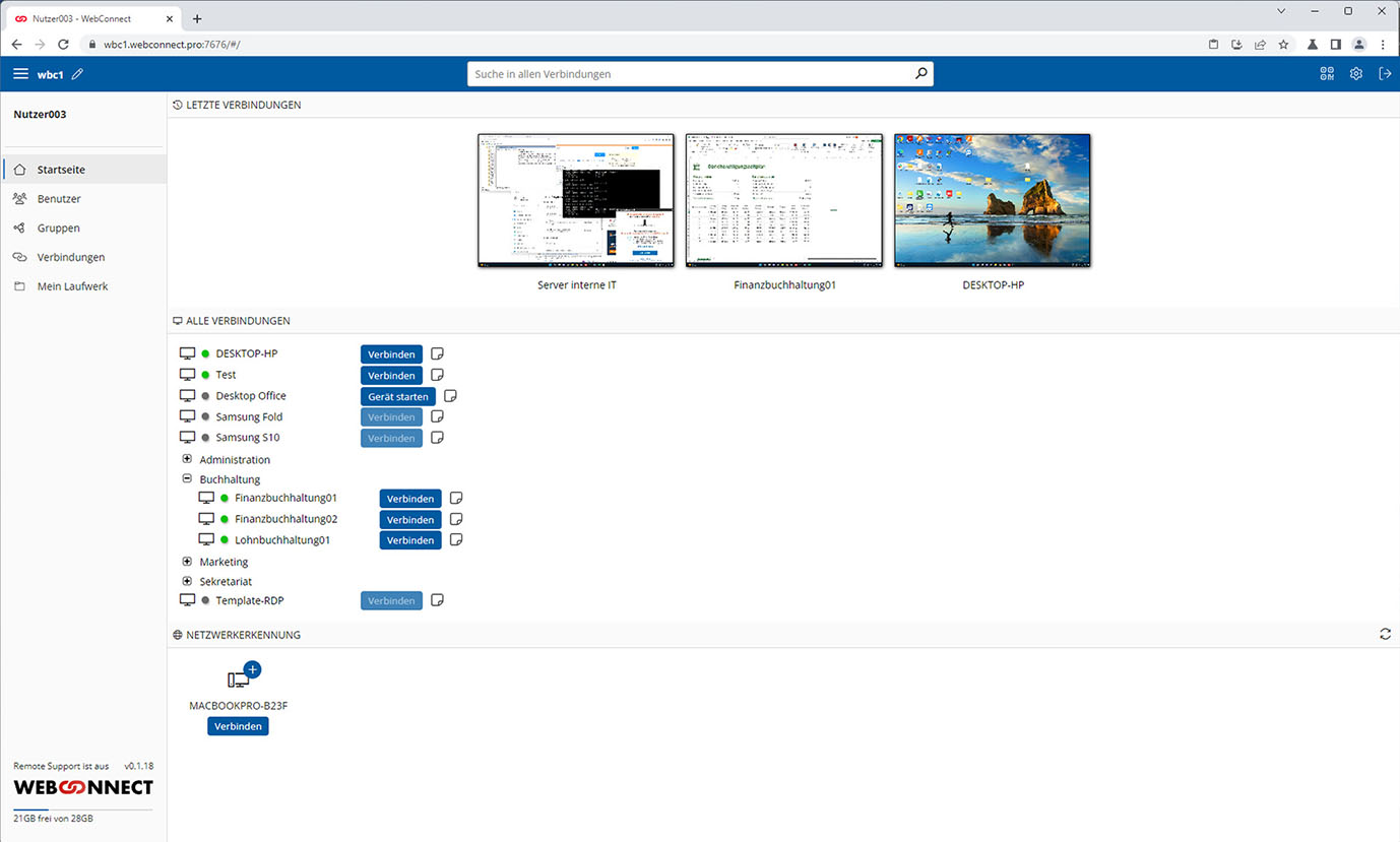 WebConnect Administrationsoberfläche