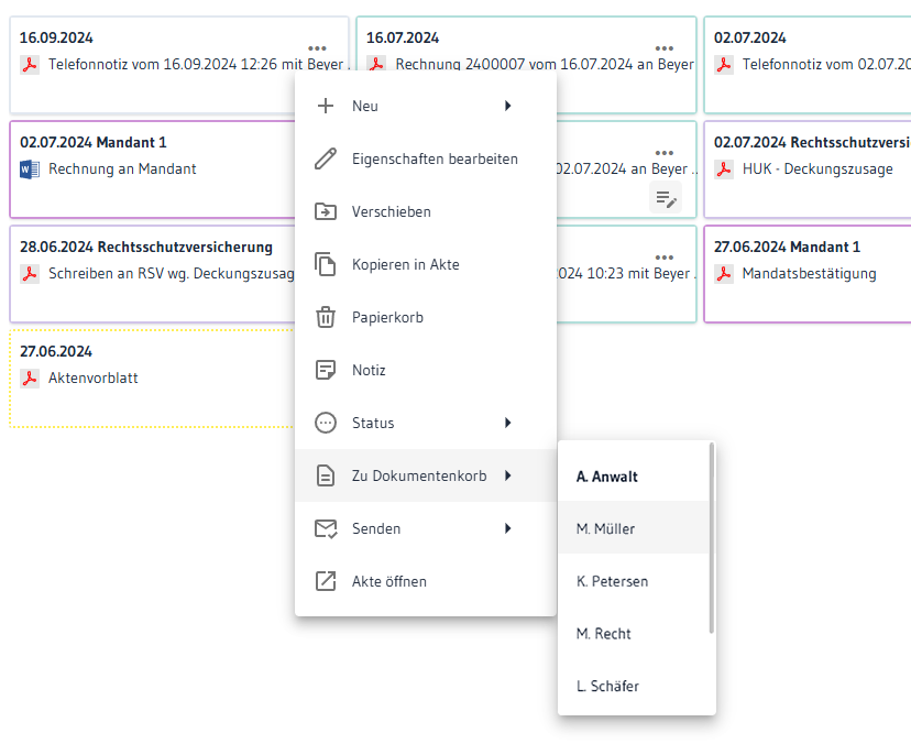 Screenshot wie in RA-MICRO Essentials ein Dokument in einen digitalen Dokumentenkorb gelegt wird