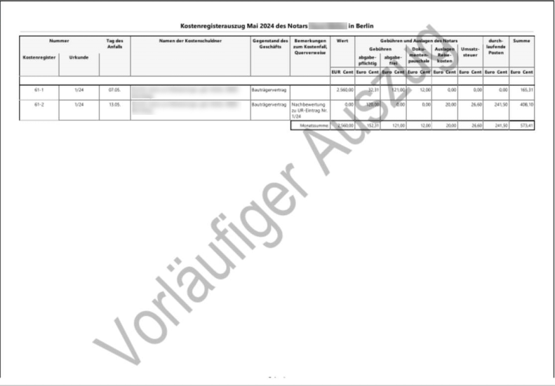 RA-MICRO vorläufiger Kostenregisterauszug