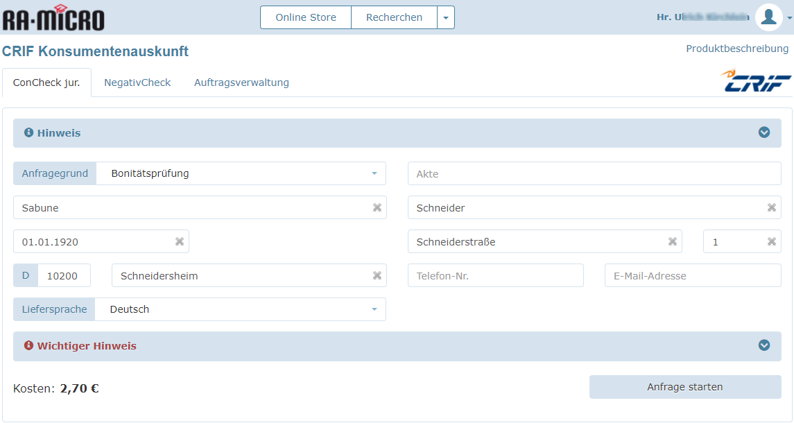 Screenshot CRIFBÜRGEL Konsumentenauskunft bei RA-MICRO Online